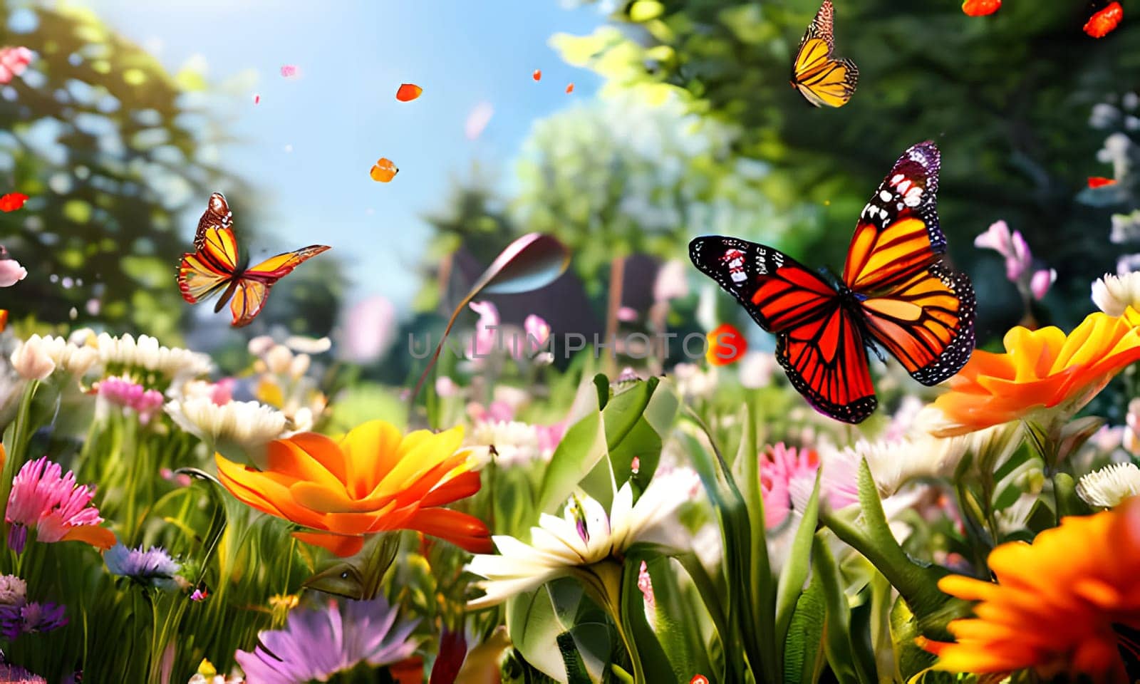 Butterflies of various colors dance gracefully over a lush garden filled with blooming flowers. The sun shines brightly, illuminating the vibrant petals and creating a peaceful atmosphere. Gentle breezes rustle the leaves, enhancing the serene beauty of the natural environment.
