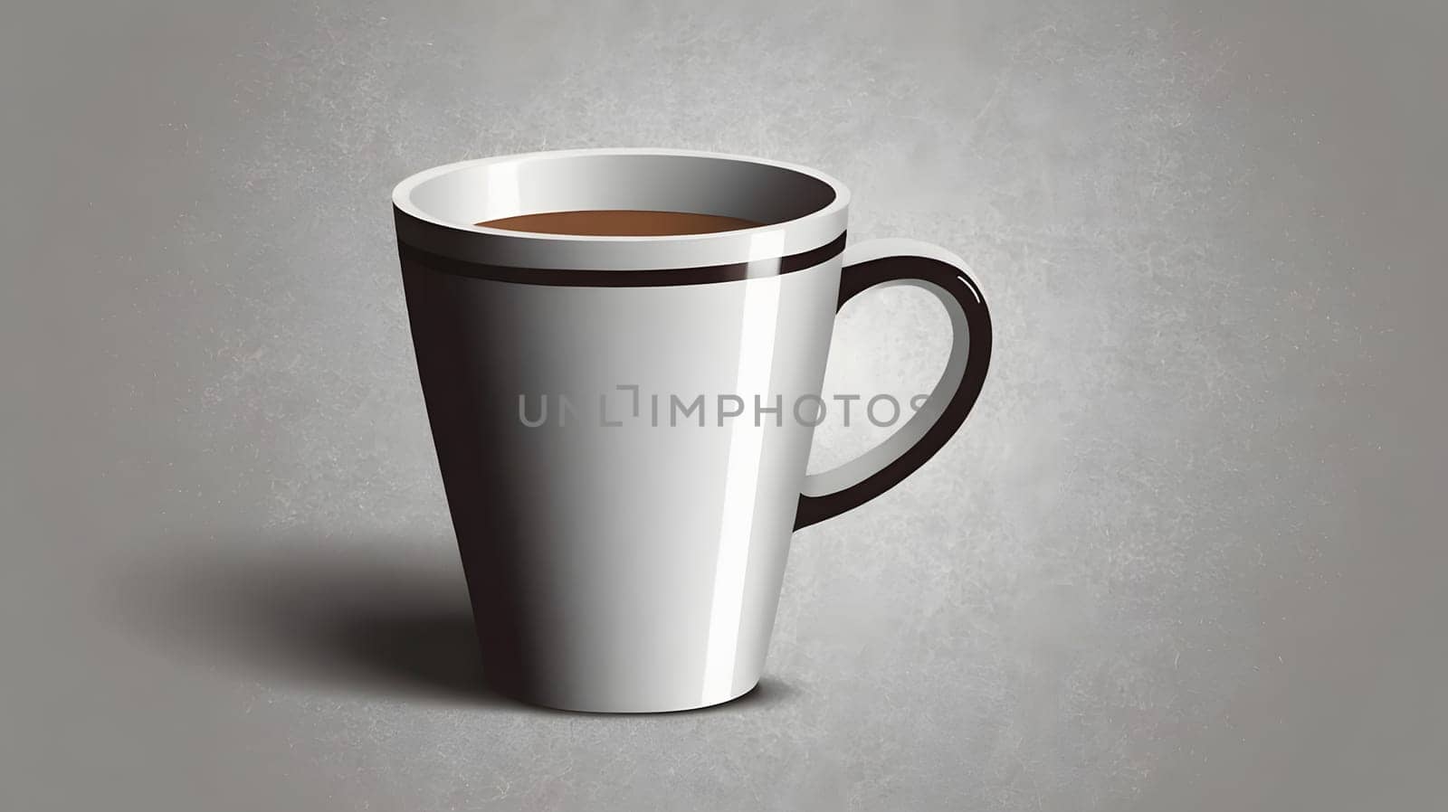 A white coffee cup with a black stripe sits on a softly textured background. The rich brown coffee inside contrasts beautifully with the cups clean design. The atmosphere evokes warmth and comfort, perfect for a relaxed moment.