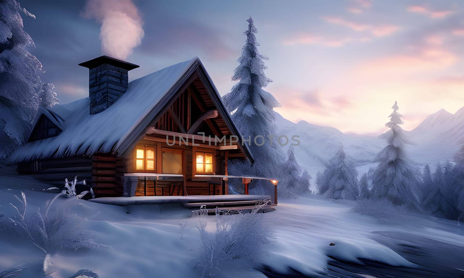 A charming wooden cabin stands majestically among snow-covered trees as twilight descends. Soft light emanates from the windows, highlighting the warmth inside, while a gentle plume of smoke rises from the chimney. The scene captures the serene beauty of winter, with mountains in the background that beckon adventure.
