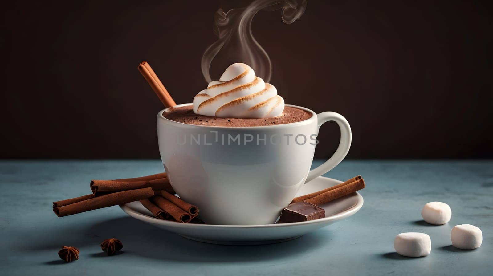 A warm cup of hot chocolate sits on a plate, garnished with fluffy marshmallows and a sprinkle of cinnamon. Surrounding the cup are cinnamon sticks and pieces of chocolate, evoking a cozy ambiance.