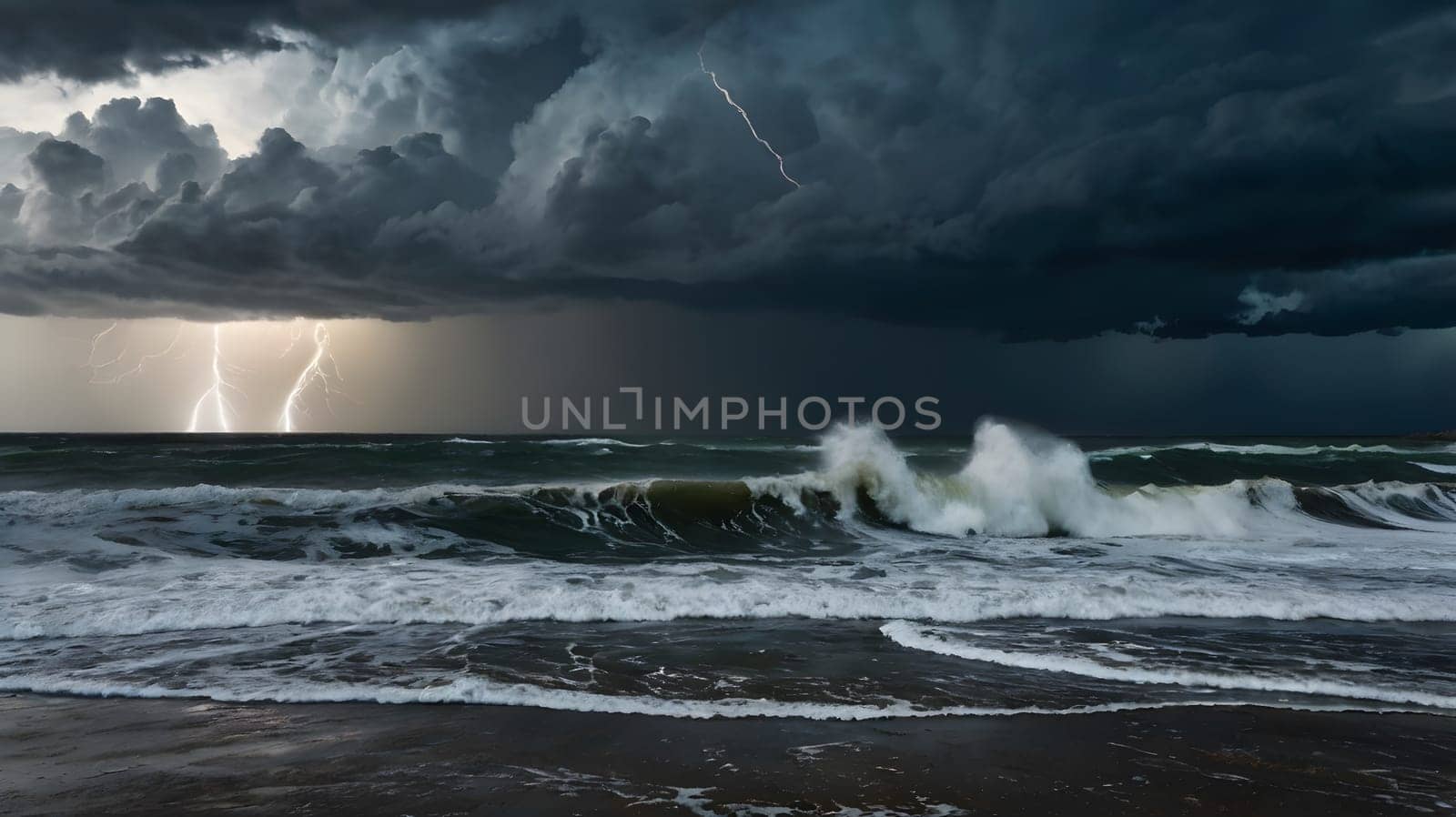 Dark clouds envelop the sky as powerful lightning bolts illuminate the turbulent ocean waves crashing against the shoreline. The atmosphere is charged with energy, creating a striking contrast between the stormy sea and the ominous sky.