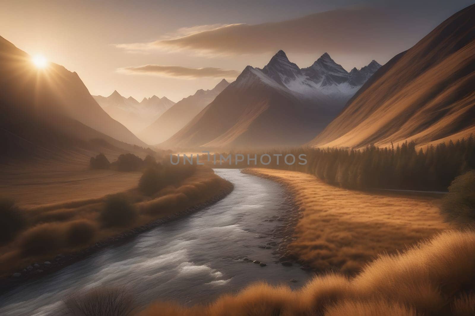 A breathtaking view reveals the sun rising above majestic mountains, casting golden light over a tranquil river winding through a lush valley. The gentle flow of water contrasts with the towering peaks and vibrant landscape.
