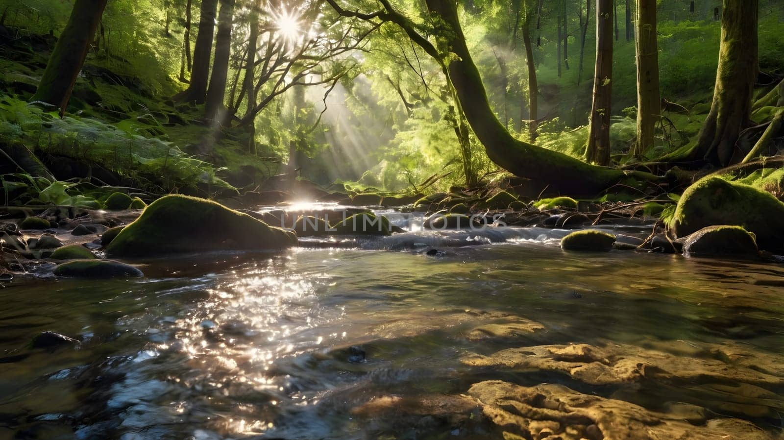 A serene forest stream winds through vibrant greenery, glistening as sunlight streams through the tree branches above. The tranquil setting invites contemplation and appreciation of nature's beauty, as gentle water flows over smooth stones.