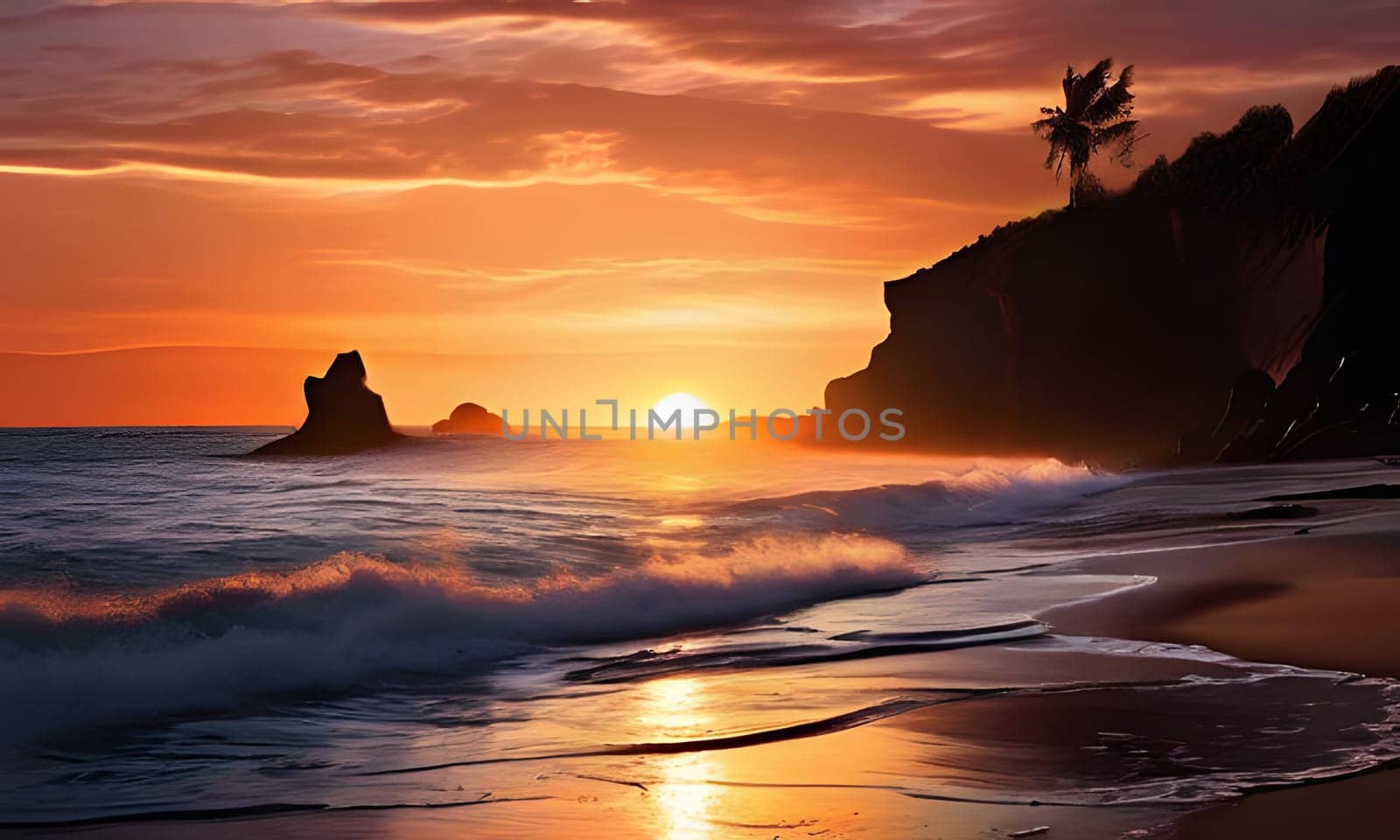 The sun sets on a tranquil beach, casting warm golden hues across the water. Gentle waves lap at the shore, reflecting the vibrant colors of the sky. Silhouetted rocks and a palm tree adorn the calm landscape, creating a peaceful atmosphere as day transitions to night.