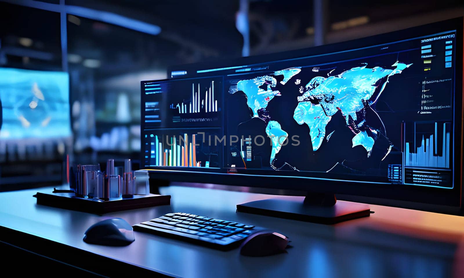 A sleek and modern workstation is illuminated in blue tones, showcasing multiple screens displaying colorful data visualizations and global maps. The setup includes a keyboard and analytical tools, hinting at ongoing research or data analysis activities during nighttime.