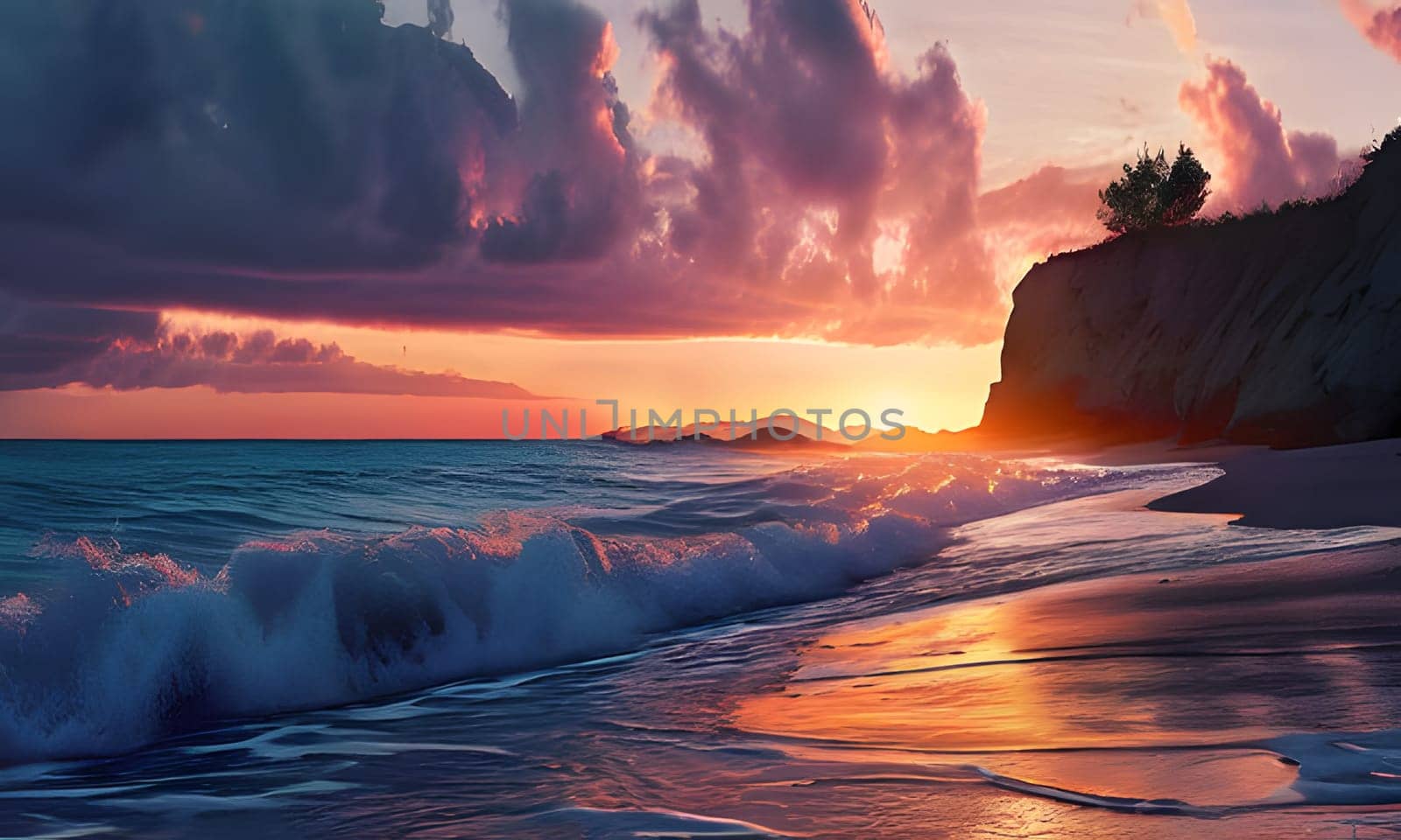 The sun sets on the horizon, casting vibrant hues of orange and pink across the sky. Waves gently crash against the sandy beach as the last light reflects off the water. Cliffs stand majestically in the background, highlighted by the dramatic colors of dusk.