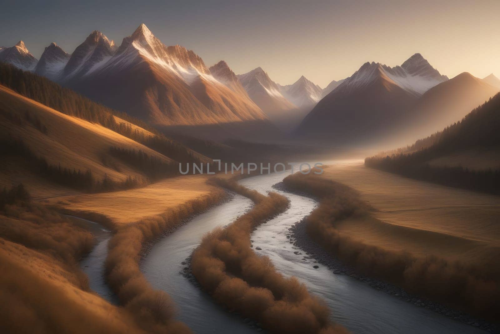 A breathtaking view captures snow-capped mountains bathed in warm hues as the sun sets. Below, a winding river flows gracefully through a tranquil valley surrounded by lush fields and clusters of trees, creating a harmonious natural setting.