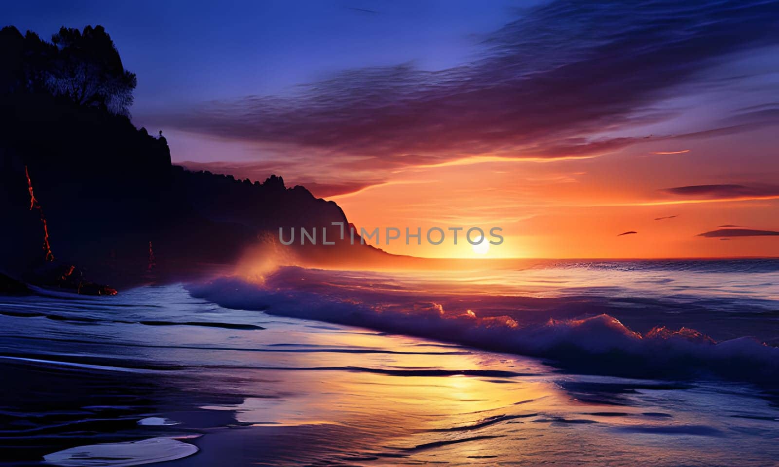 The vibrant colors of sunset illuminate the horizon as the sun dips below the water, casting a warm glow on the ocean. Gentle waves lap against the rocky shore, reflecting shades of orange, purple, and blue. Silhouettes of trees stand against the colorful sky, creating a serene and tranquil atmosphere.