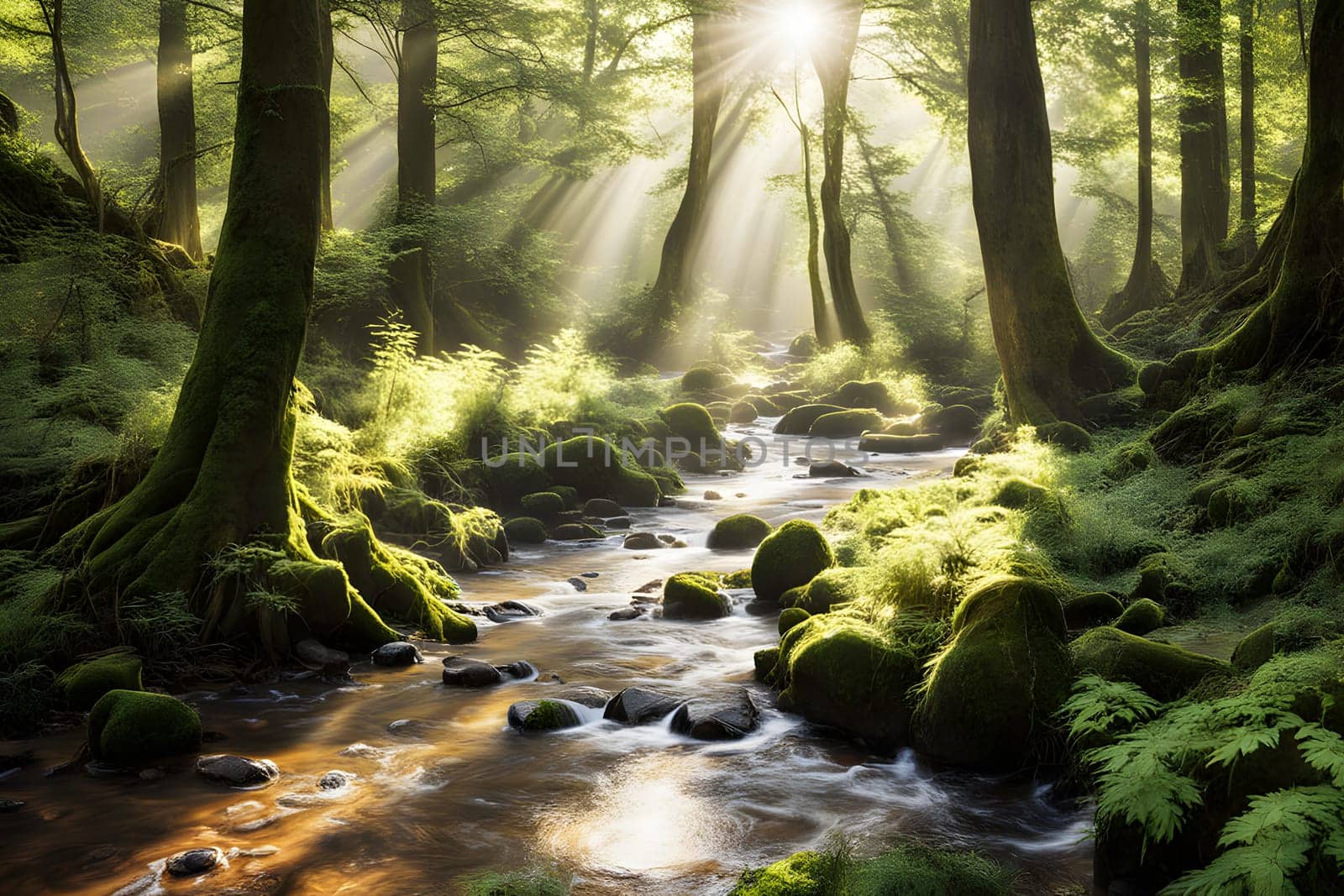In a serene forest setting, golden sunlight streams through the canopy, illuminating a narrow, winding stream surrounded by vibrant green foliage and moss-covered rocks. The tranquility of the scene suggests a peaceful early morning atmosphere, inviting reflection and appreciation of nature's beauty.