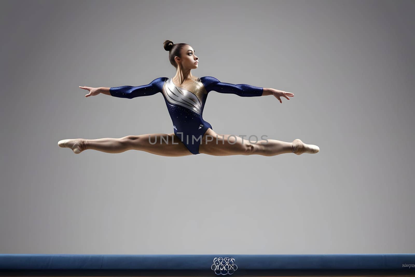 A young female gymnast executes an impressive split leap on a balance beam during a formal gymnastics competition, showcasing her strength and flexibility. The focused expression on her face highlights her determination, while her well-coordinated movements emphasize the artistry of the sport.