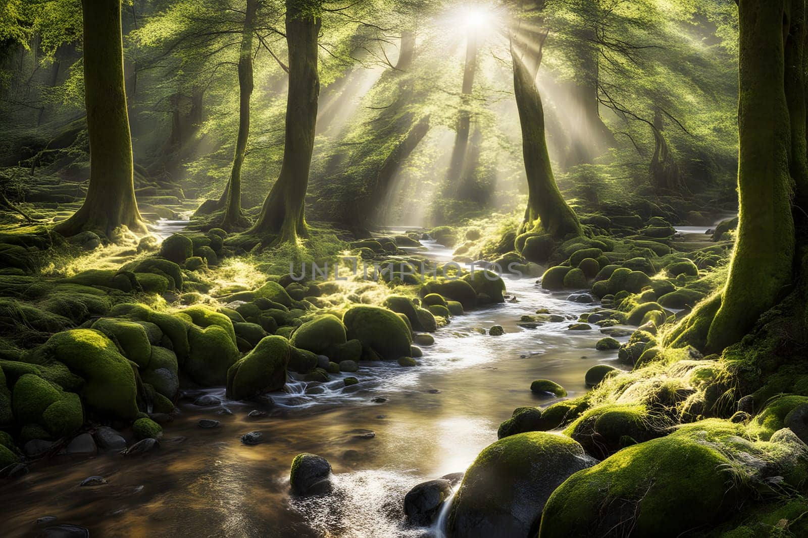 Sunlight streams down through the vibrant green canopy of a dense forest, illuminating a tranquil stream winding through moss-covered rocks. The atmosphere is peaceful, with the gentle sound of flowing water enhancing the natural beauty of the early morning scene.