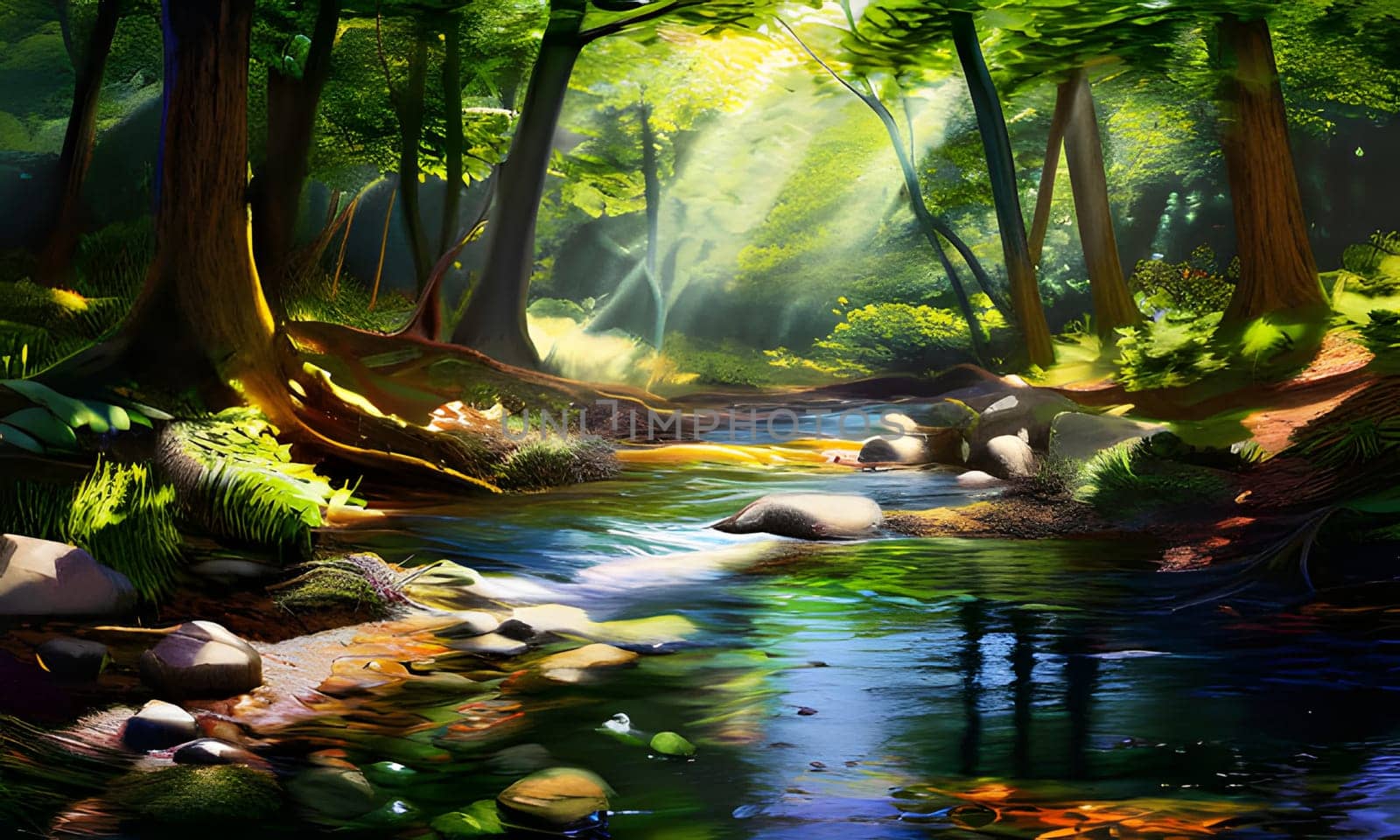 A gentle stream meanders through a vibrant forest, surrounded by tall trees and lush greenery. Sunlight filters through the leaves, creating a serene atmosphere. The water glistens with reflections of the surrounding nature, enhancing the peaceful vibe of the early morning.