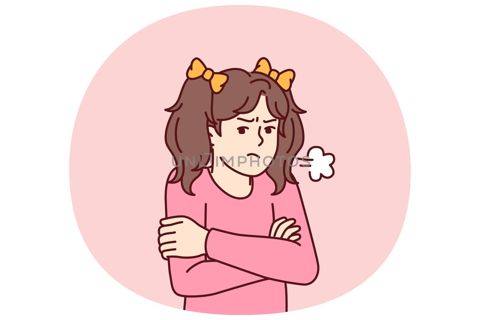 Angry little girl stands with arms crossed feeling hurt after being punished by kindergarten staff. Pre-teenage girl feels resentful after argument with parents or elementary school teachers