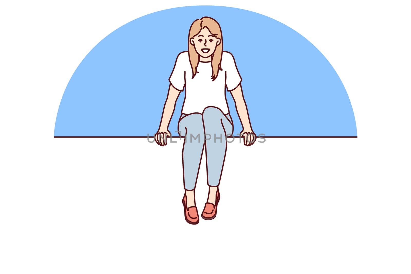 Young woman sits on blank billboard designed to advertise or promote marketing campaign. Positive student girl sits with legs dangling on large billboard calling for attention to advertisement