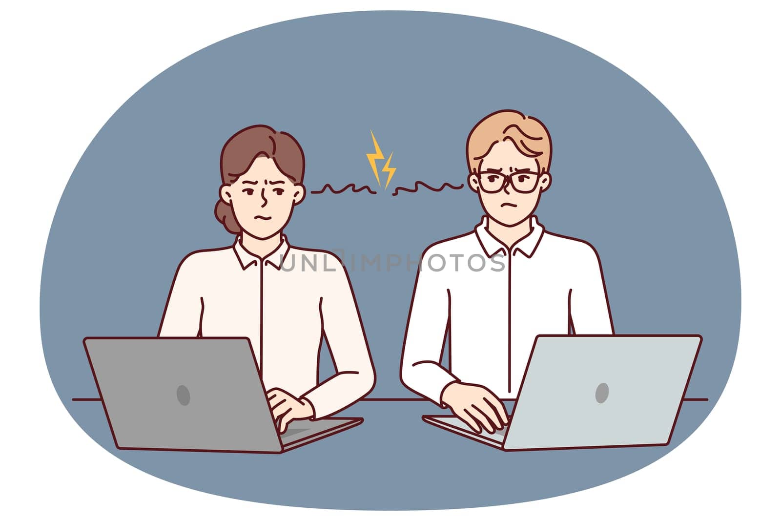 Colleagues with laptops angry at partner after problems in project or quarrel related to choice leader. Two angry office workers feel anger towards colleagues and need help of corporate psychologist