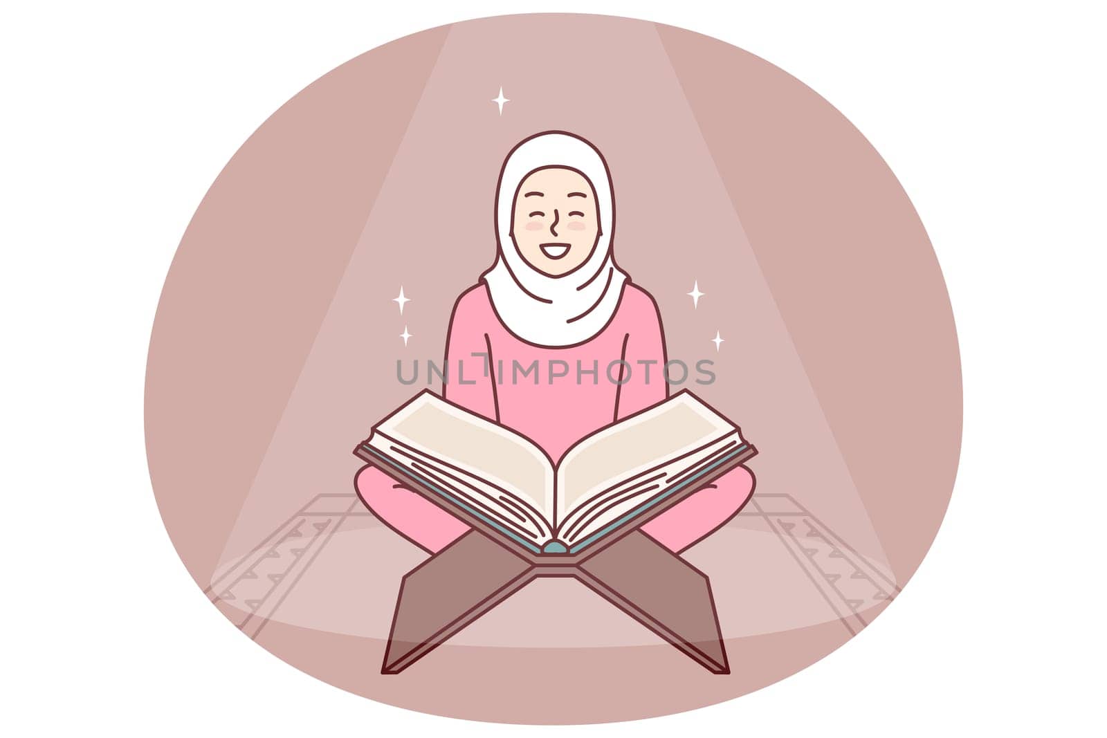 Muslim girl reads holy book quran turning to god allah sits in mosque or religious place for prayer. Positive woman in hijab studying arabic quran getting islamic traditional education