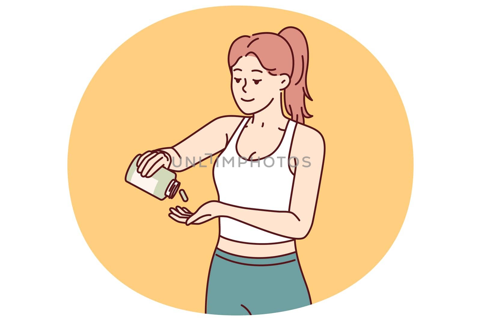 Woman fitness trainer uses sports supplements to improve health and achieve new career results. Slender beautiful fitness girl takes doping before training or important competitions
