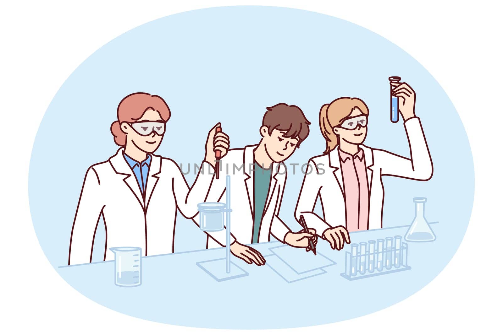 Students conduct experiments in laboratory doing scientific research to prepare for chemistry exam. Guys and girls in white coats stand at laboratory table with flasks filled with chemical reactions.