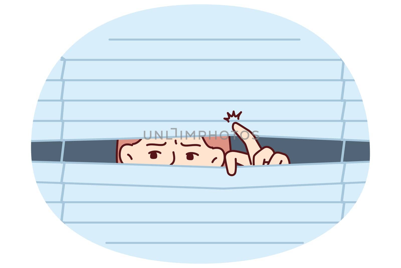 Suspicious man looks out window suffering from schizophrenia and experiencing desire-inducing spy phobia. Eyes of guy looking through venetian blinds to spy on colleagues or passers-by