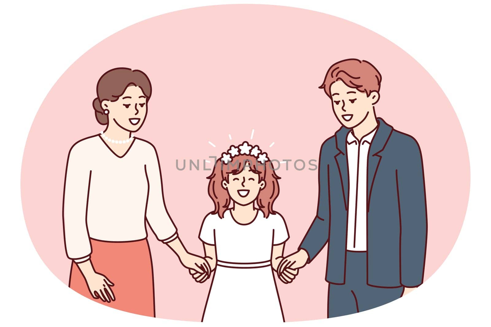 Little girl along with father and mother on day of holy communion according to christian catholic traditional rite. Preteen girl in white elegant dress participates in communion ceremony with parents