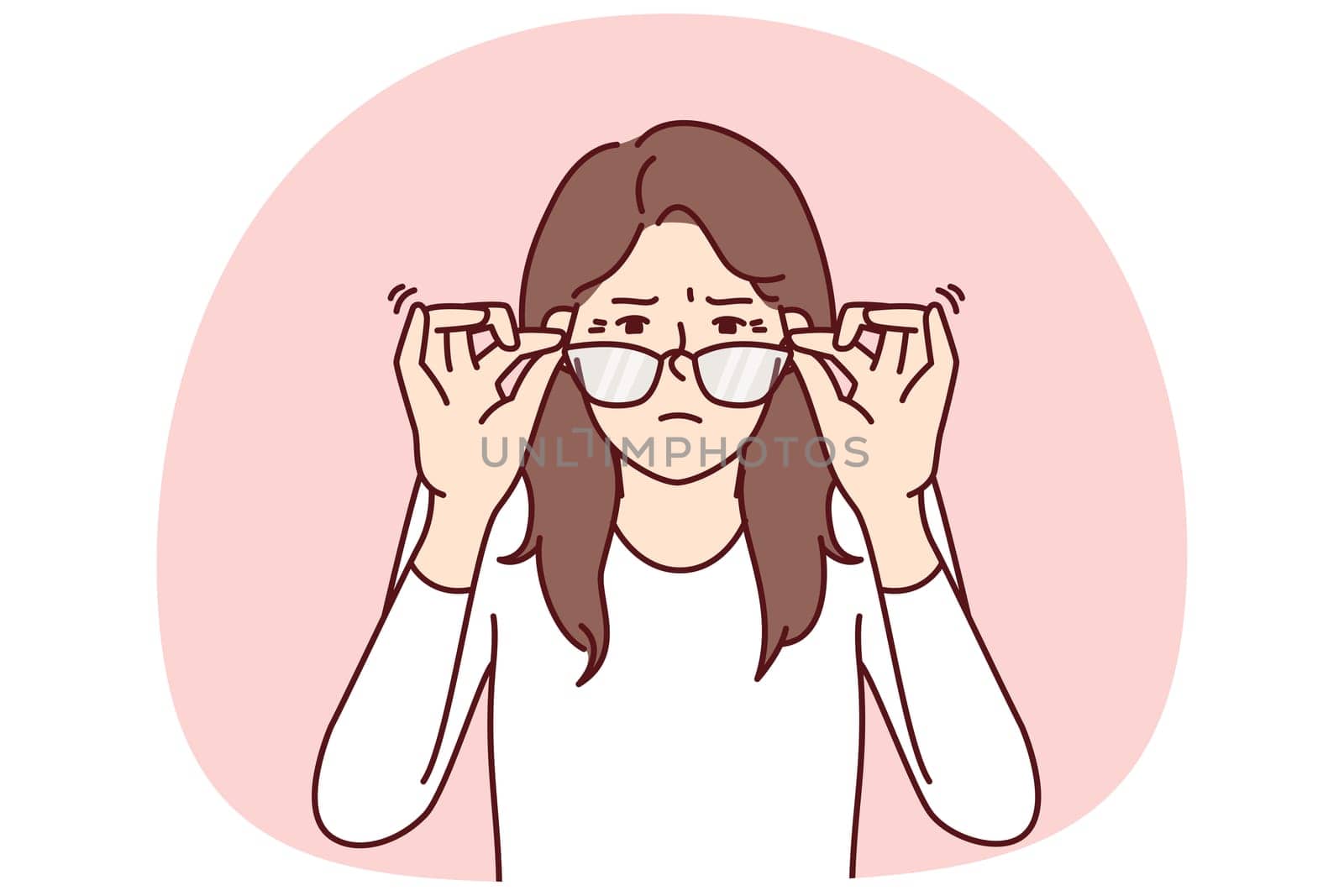 Woman with vision problems squint when touching does not help them see fine print at distance. Young girl loses vision and needs help of ophthalmologist or vitamin with beneficial substances for eyes