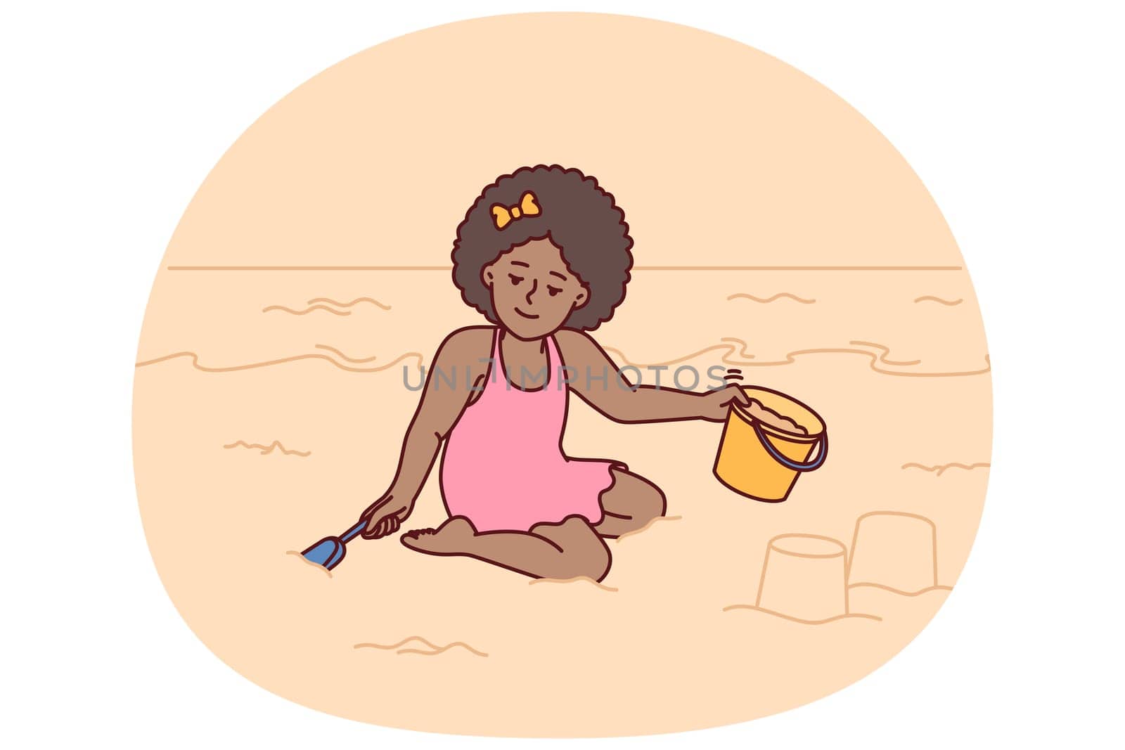 Little girl playing with sand sitting on beach building castle with bucket and shovel during summer holidays at resort. Pre-teenage girl located on sea beach relaxing alone on sea or ocean
