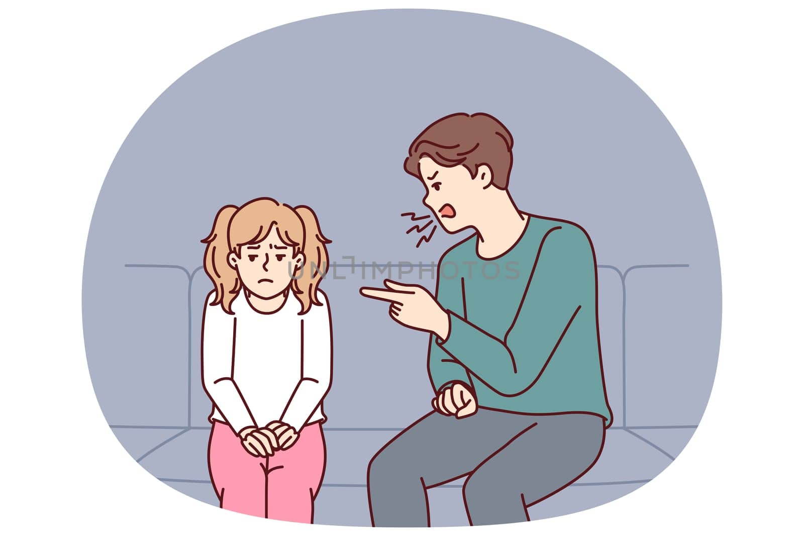 Father scolding teenage daughter because of bad behavior at school sitting on couch in apartment. Dad punishes little girl, screams and points finger at daughter after teacher call or bad grades