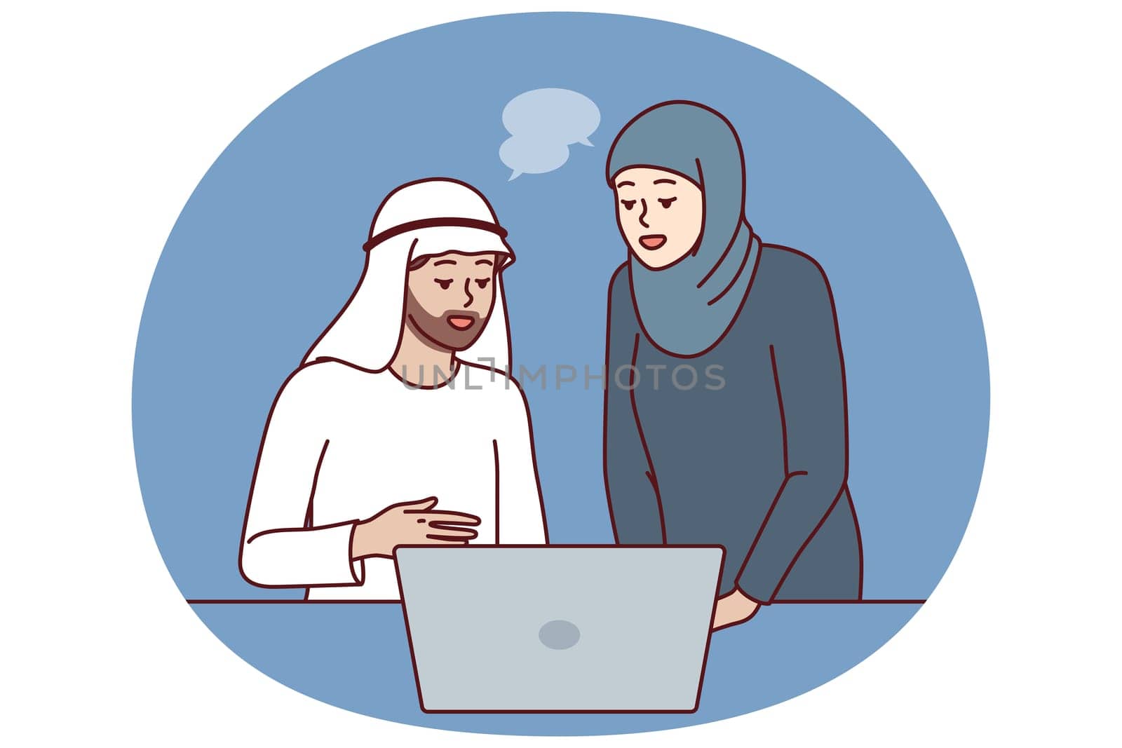 Office workers in Arabic clothing discussing business presentation from laptop. Arabic man and woman work together in corporation in dubai or emirates and conduct business negotiations via internet.