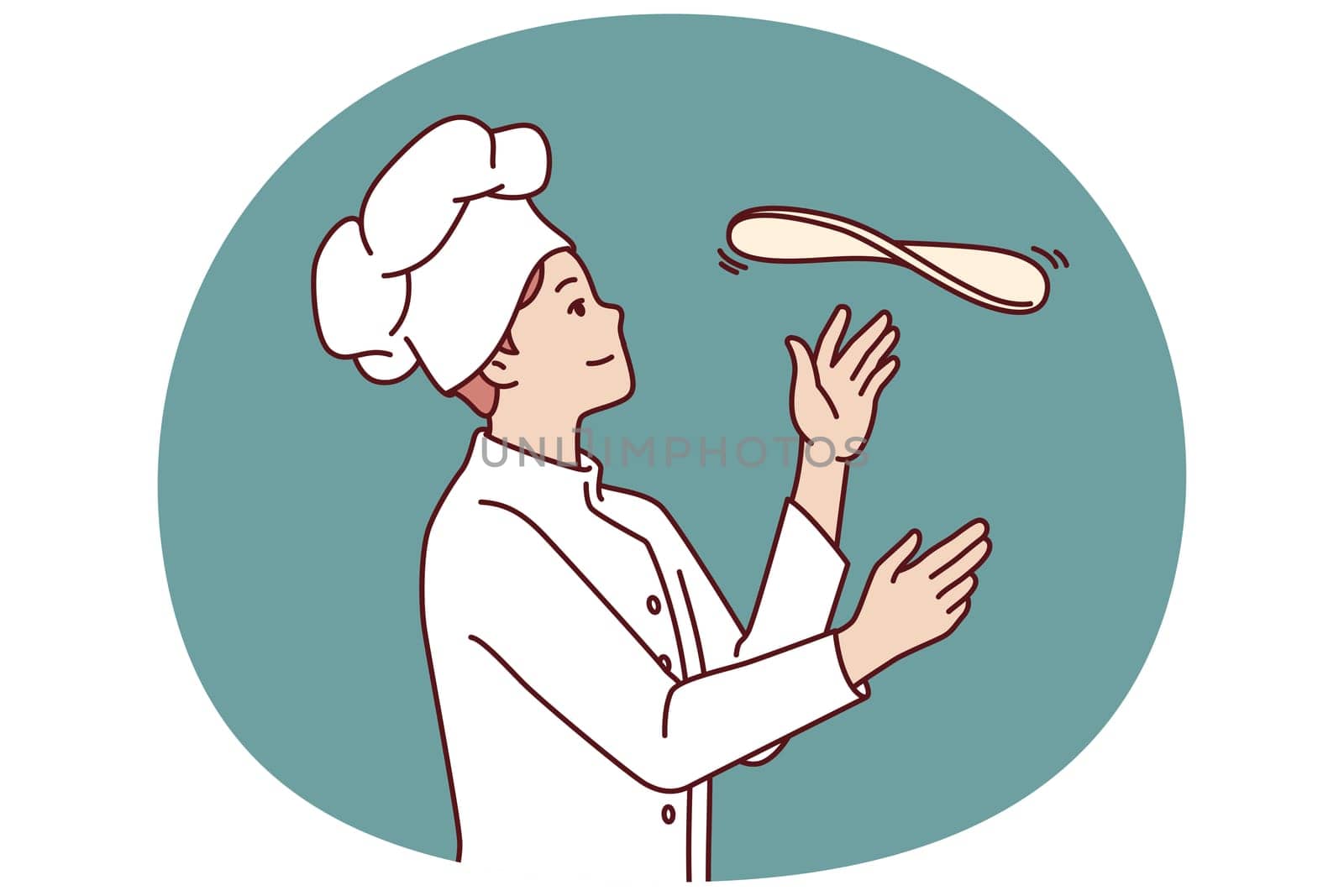 Man chef prepares pizza by tossing dough in open kitchen restaurant with traditional italian food. Guy in chef hat works in pizzeria and cook pizza according to classic old recipe.