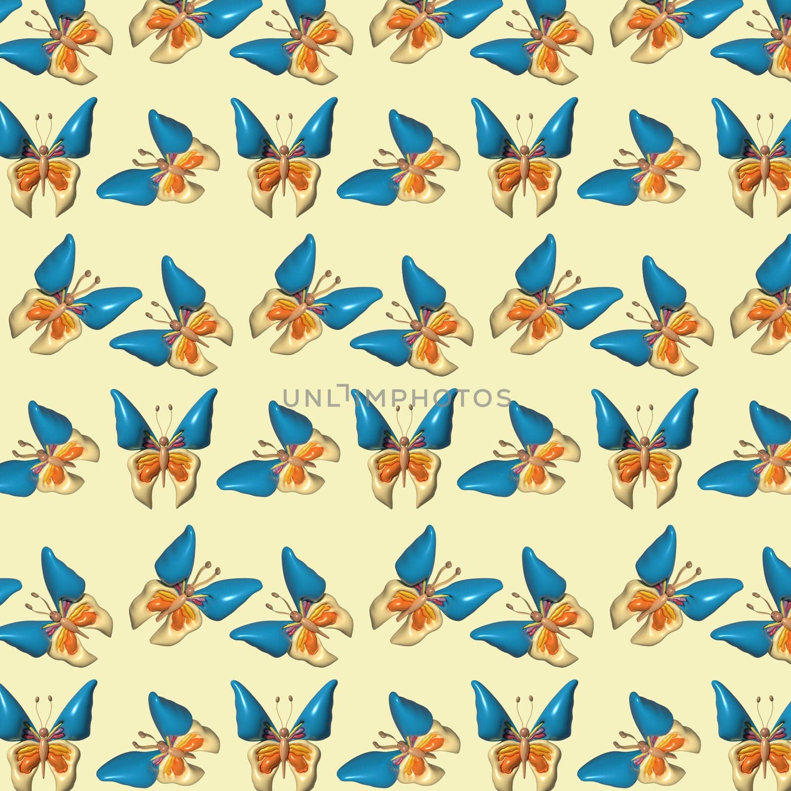 Butterfly with orange veins and antennae on yellow background. Repeating pattern, 3D rendering illustration