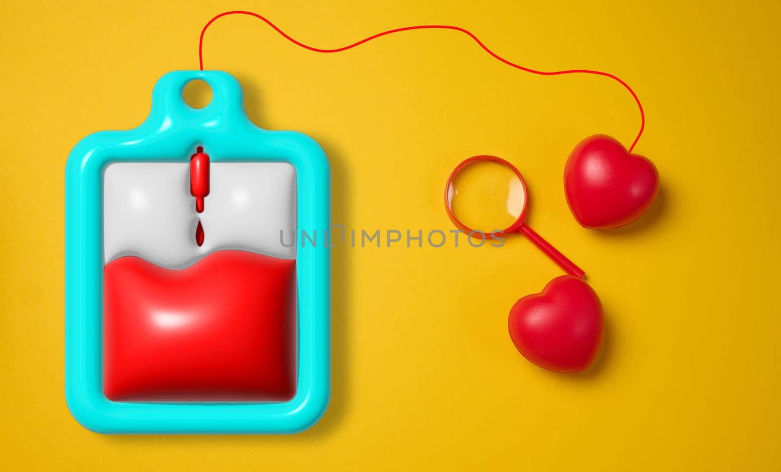 Two red hearts and blood bag on yellow background, blood donation concept