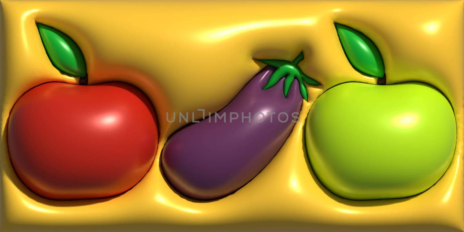 Apple and eggplant on a yellow background, 3D rendering illustration
