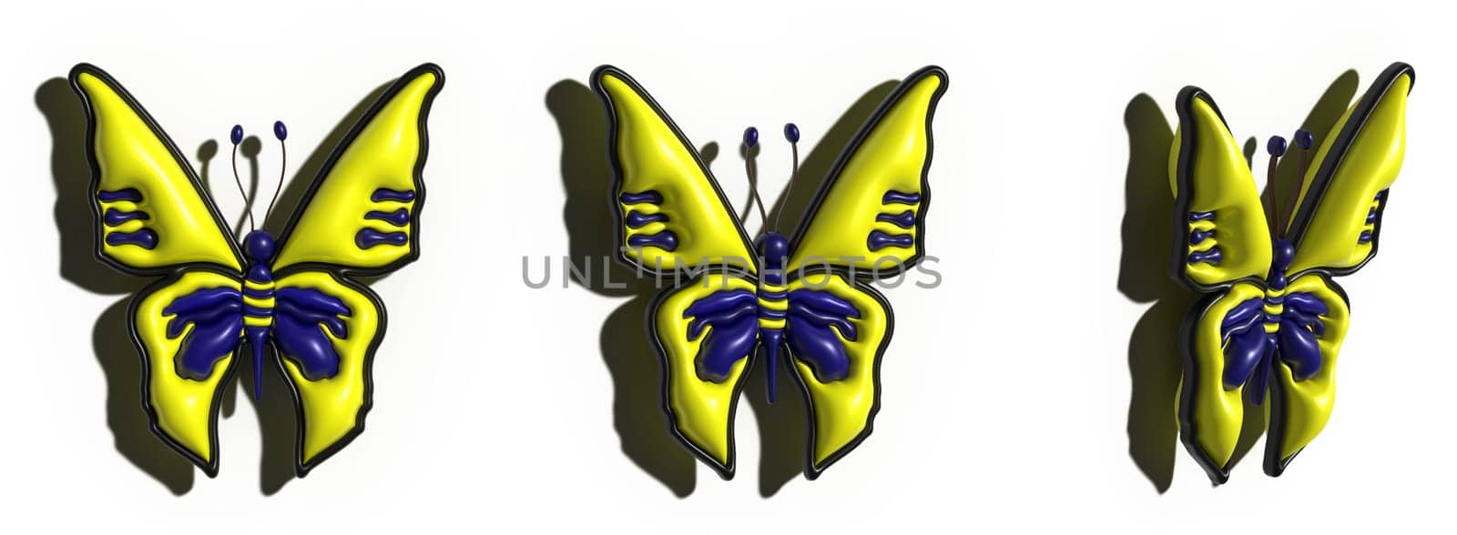 Yellow butterfly with blue spots on isolated background, 3D rendering illustration