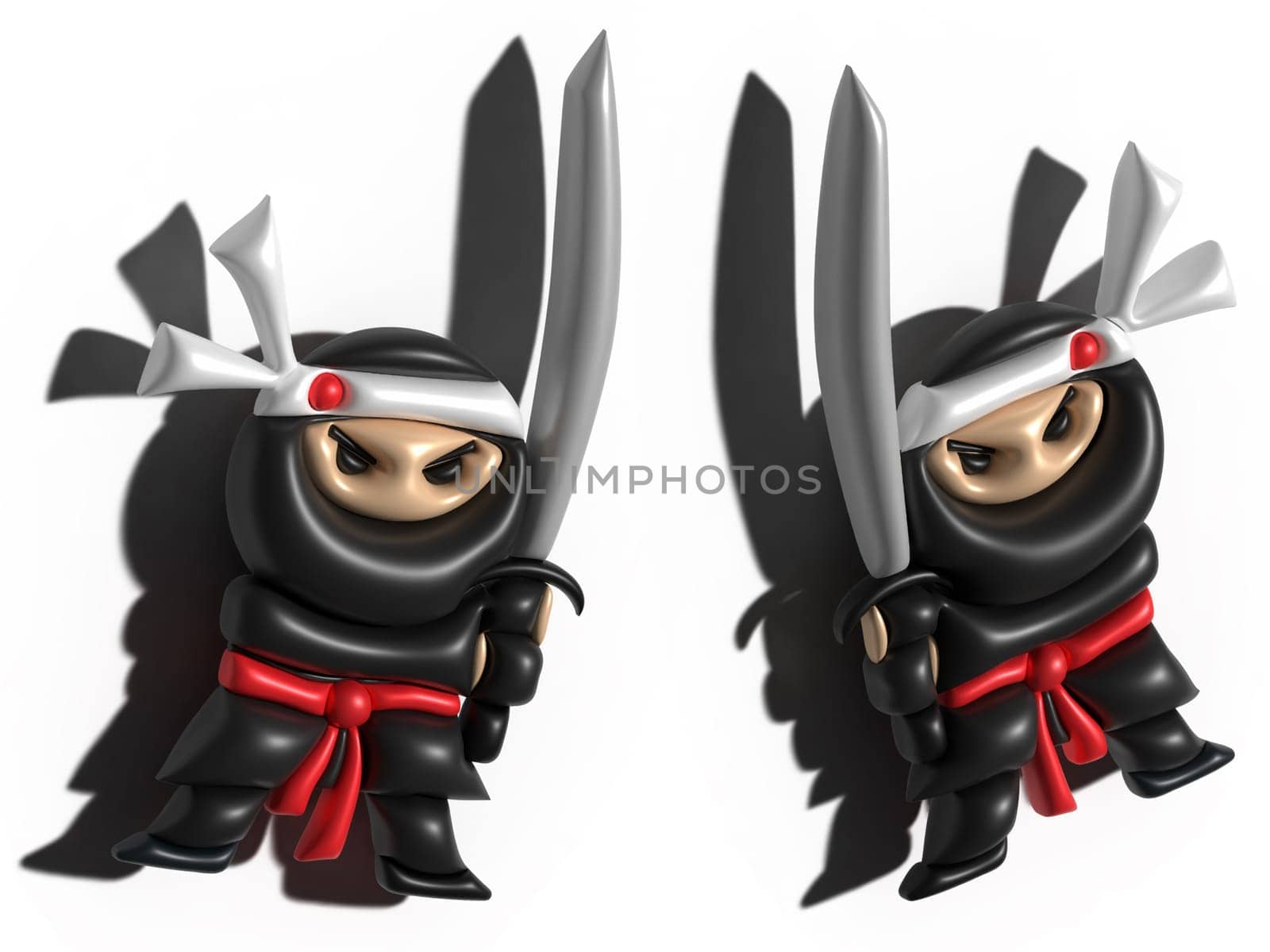 Two ninja characters in black suit and headband, holding sword, 3D rendering illustration