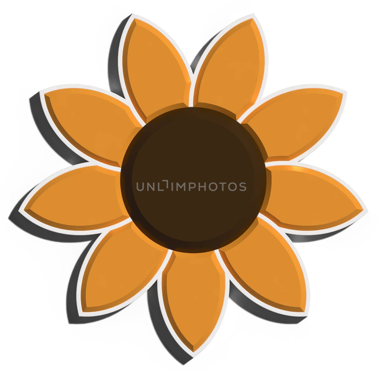 Sunflower with orange petals and shadow on isolated background, 3D rendering illustration