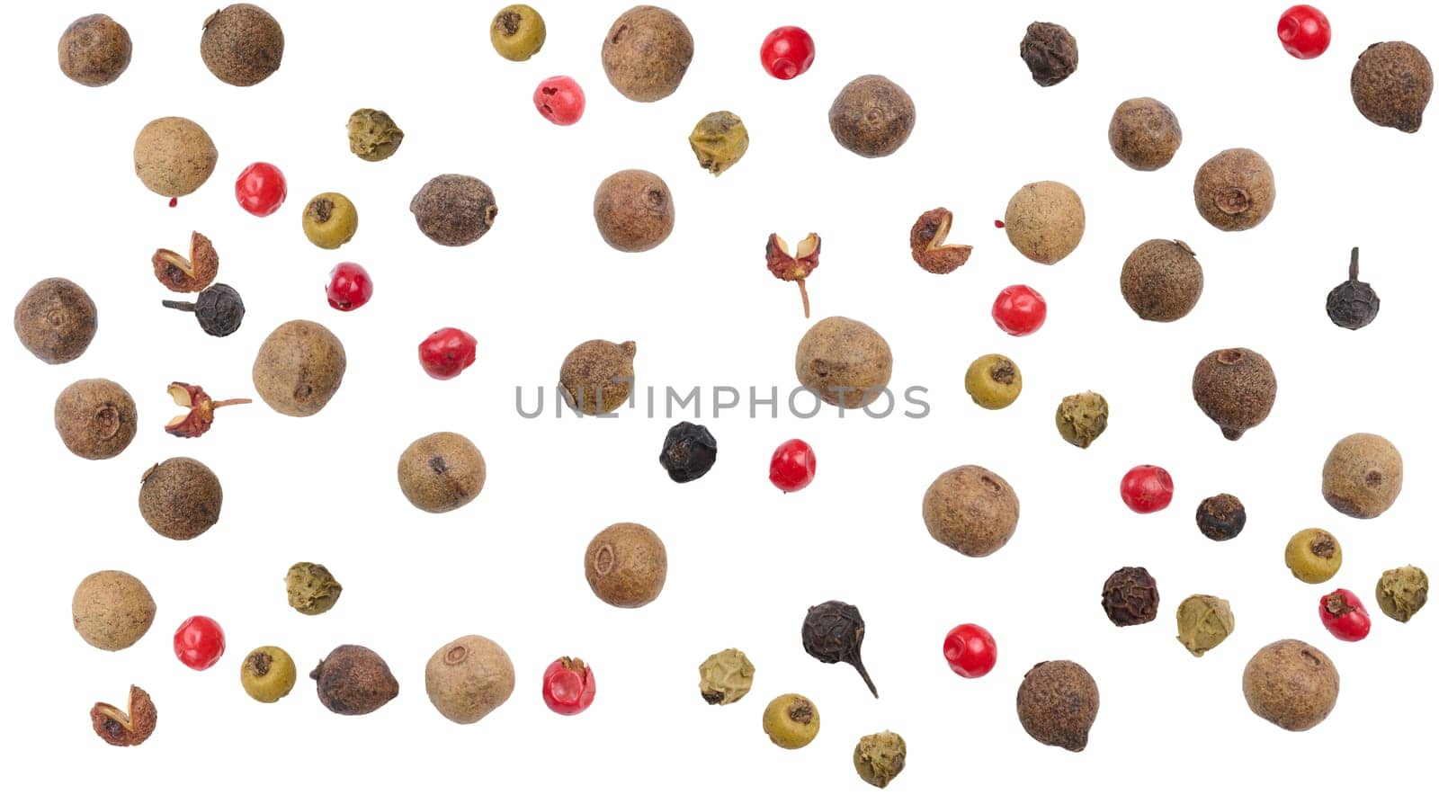 Aromatic pepper, black and red pepper on a white isolated background, culinary spices