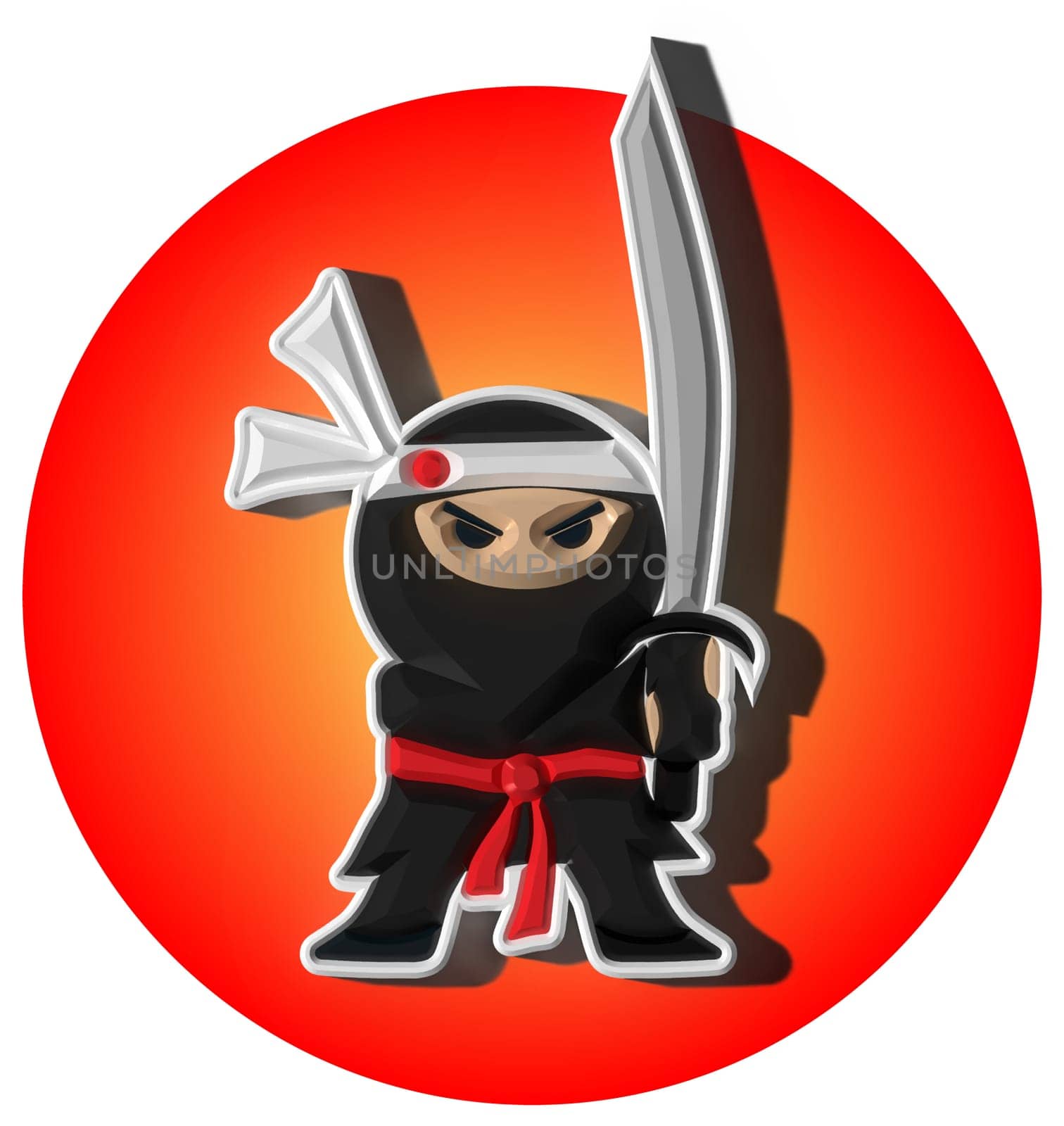 Ninja character in black suit and headband, sword in hands, red background. 3D rendering illustration