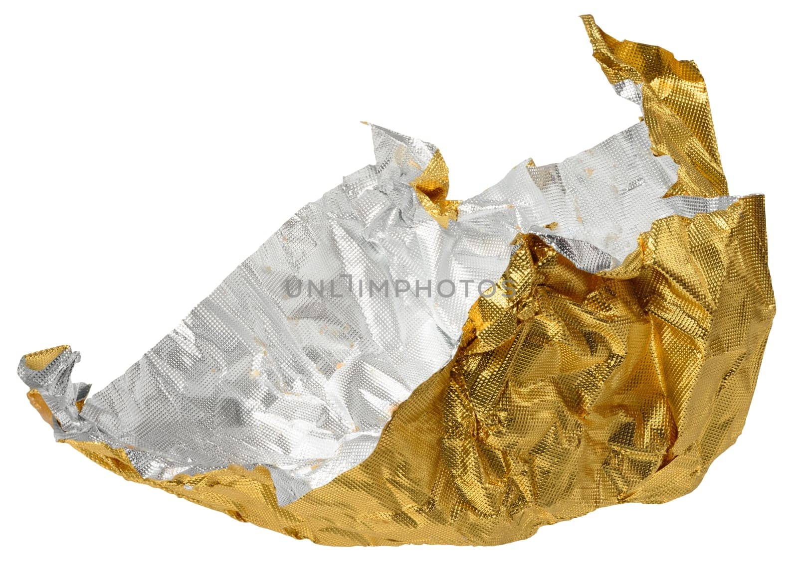 Crumpled sheet of golden foil, candy wrapper on isolated background