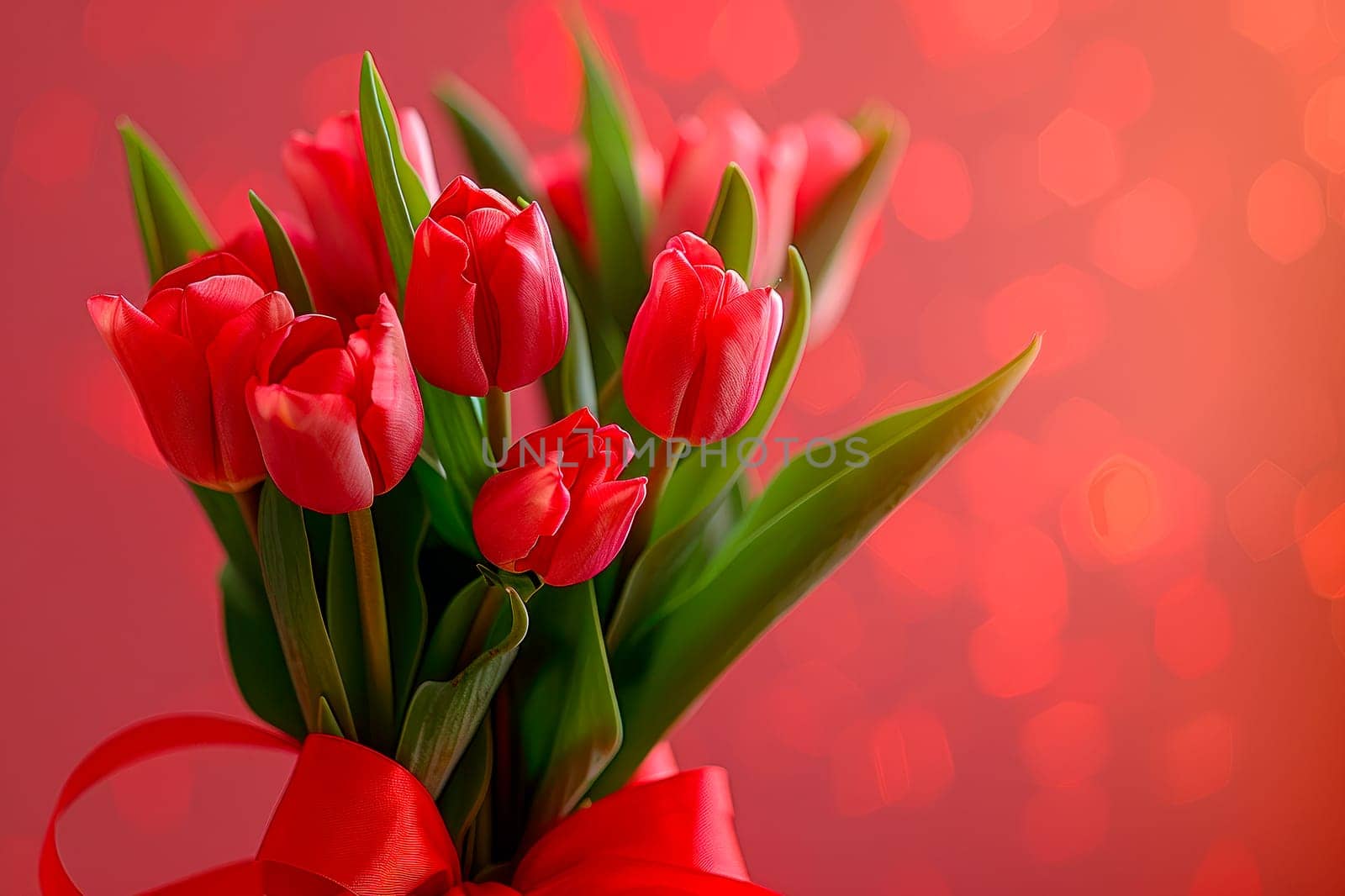 Bouquet with red bow-knot ribbon of tulip flowers on a red background, copy space. AI generated