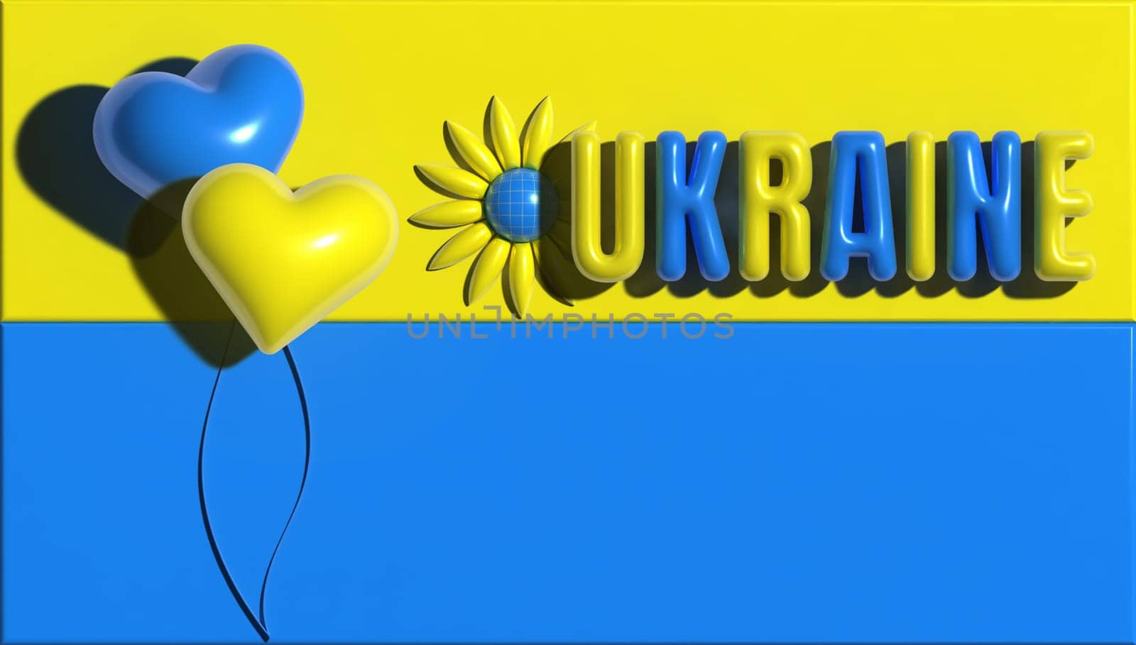 Yellow blue hearts, the inscription Ukraine on the background of the national flag, 3D rendering illustration