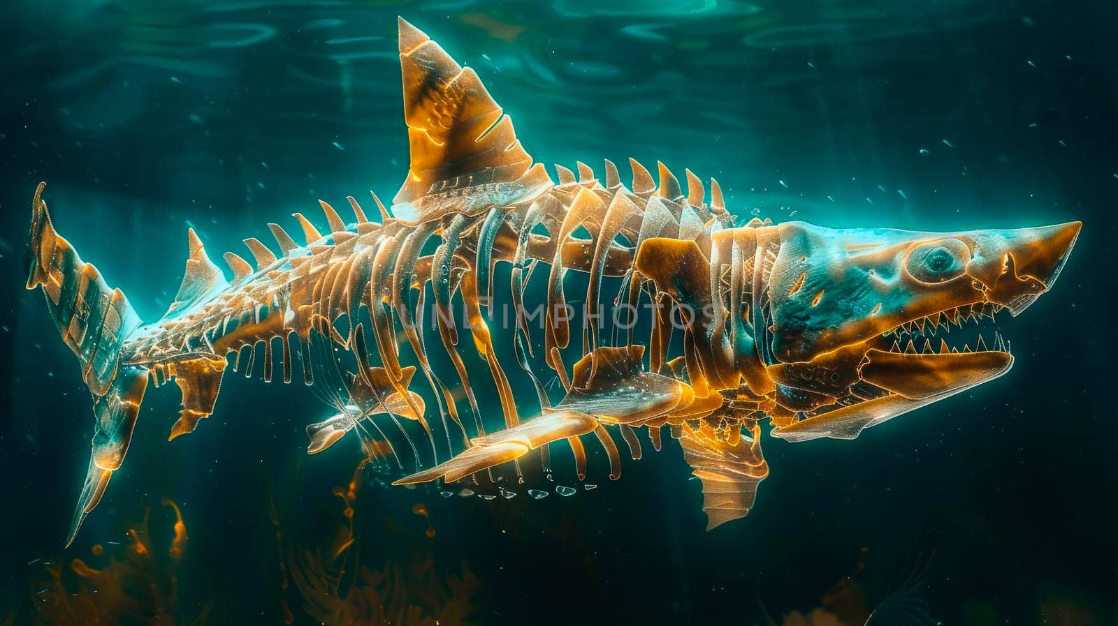 Glowing shark skeleton swimming underwater in a sea. AI generated