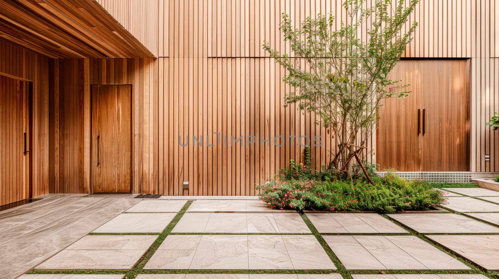 Modern and elegant house with decorative wooden panels on wall and cobblestone path. AI generated