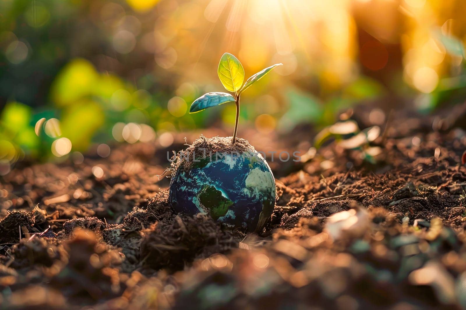 A globe with plant growing in blurred nature background. World earth day, save environment and planet, clean ecology. AI generated