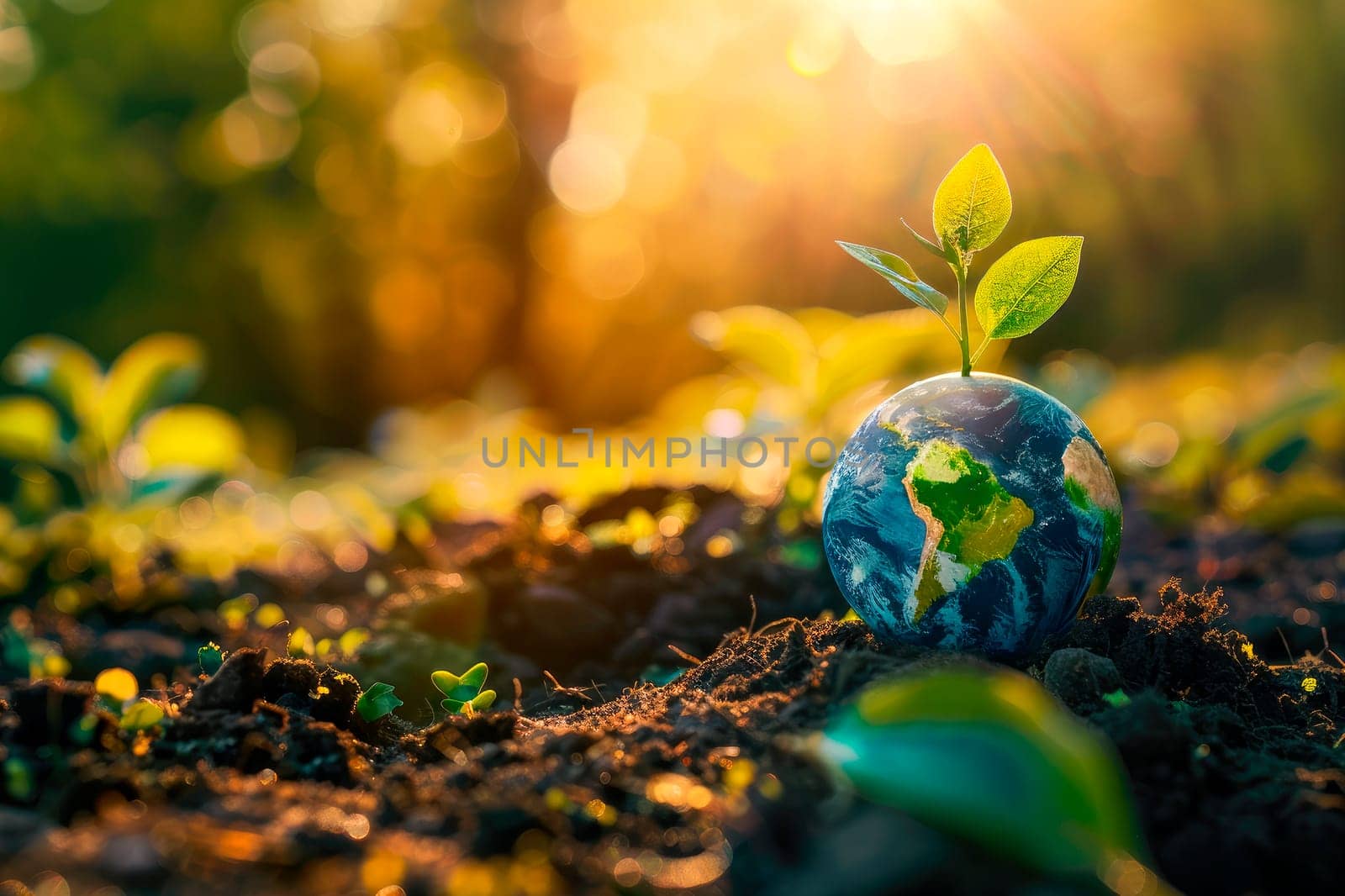 A globe with plant growing in blurred nature background. World earth day, save environment and planet, clean ecology. AI generated