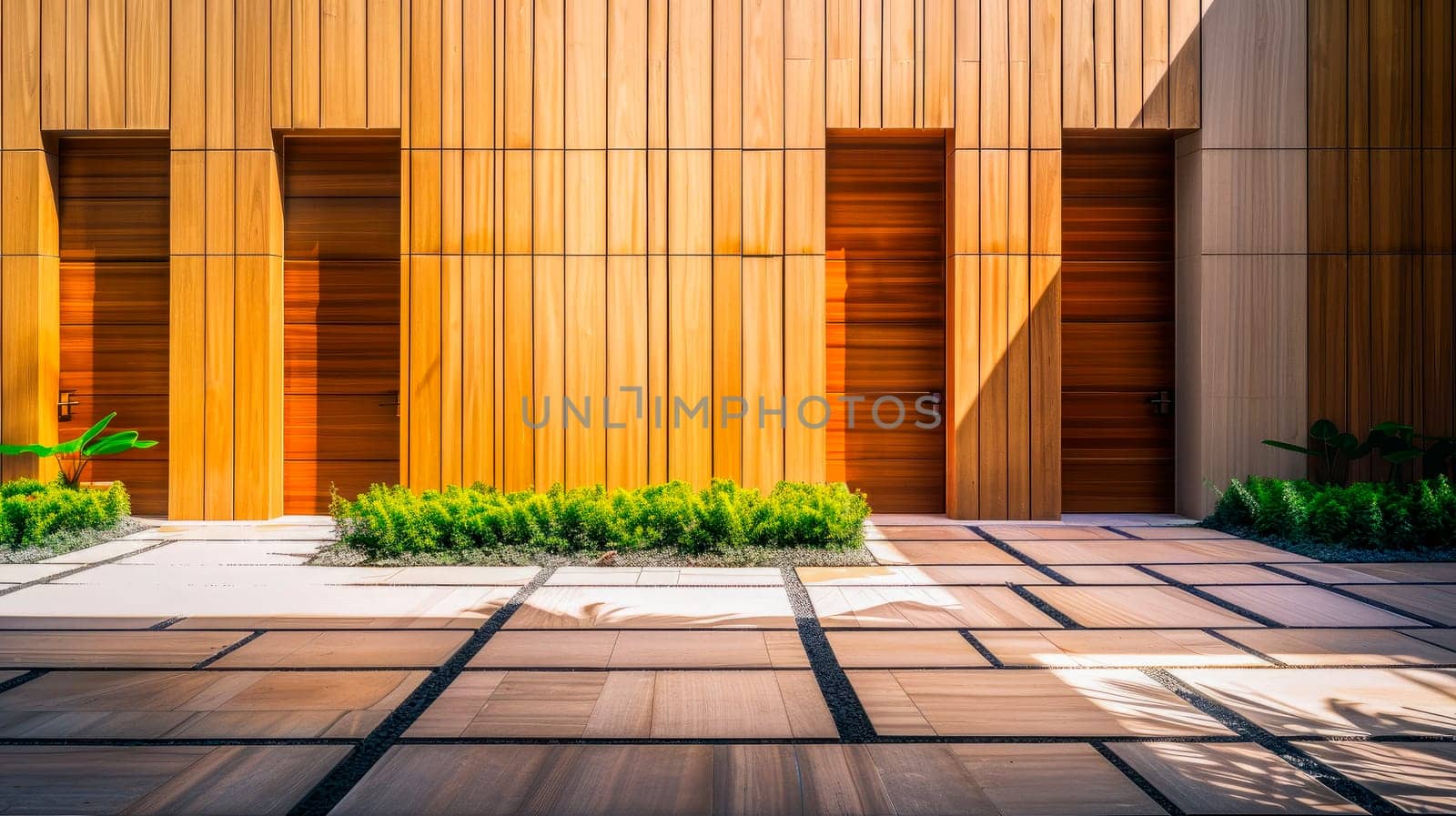 Modern and elegant house with decorative wooden panels on a wall. AI generated