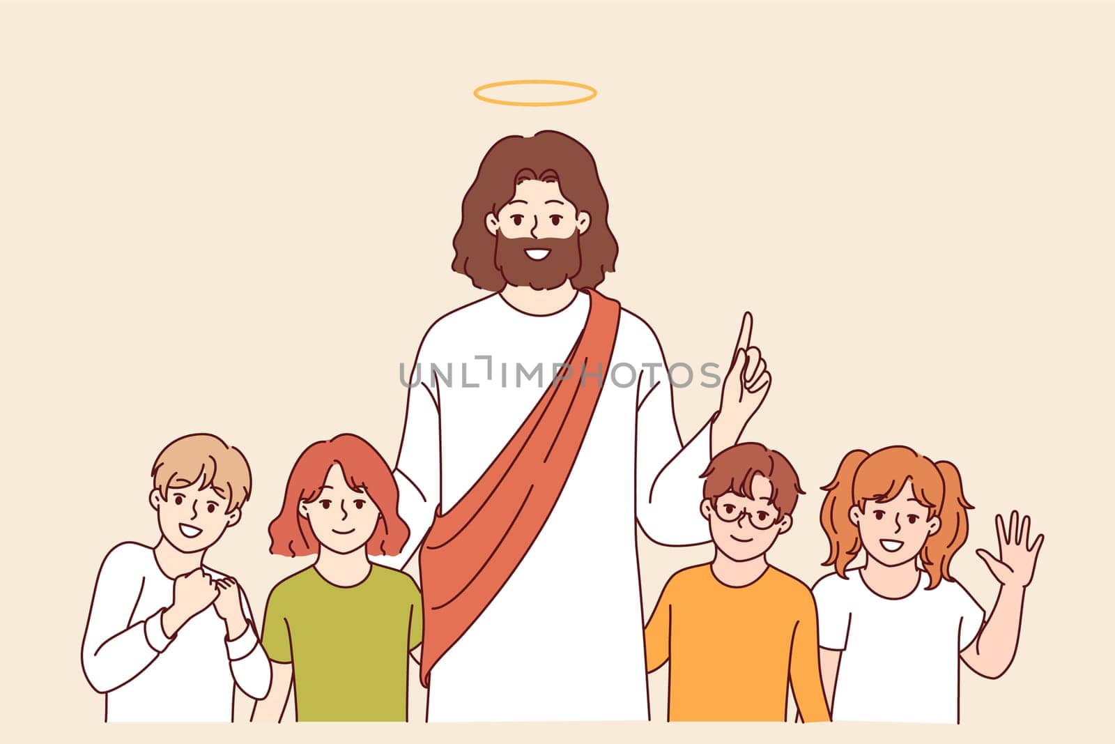 Jesus christ smiles standing with children, preaching love and kindness to followers of christian religion. Jesus christ among sunday school students wanting to join catholic faith