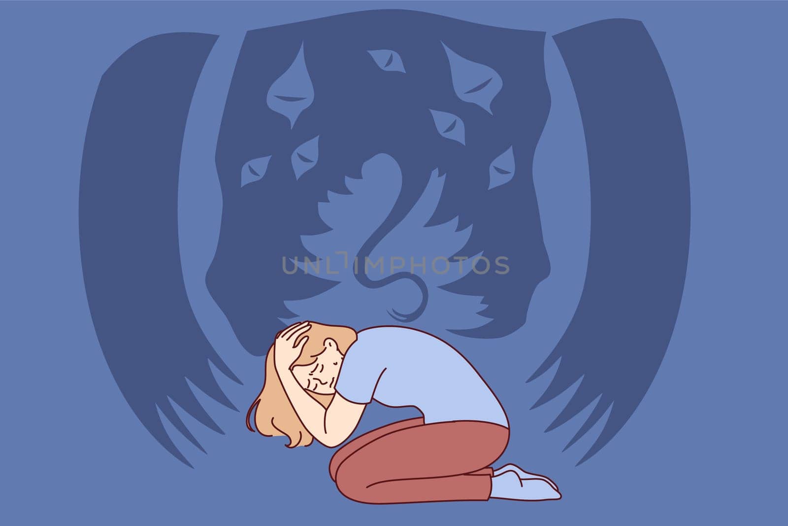 Woman experiences panic attack or suffers from hallucinations seeing terrible monster. Problem of hallucinations in young girl is caused by psychological disorder and schizophrenia