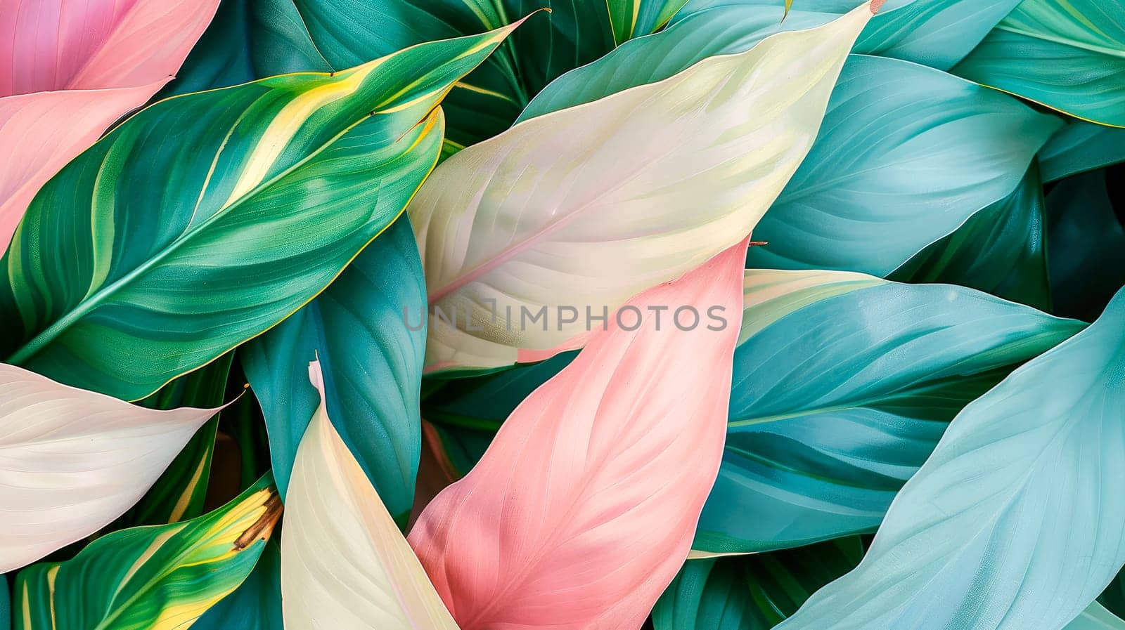Tropical colorful leaves texture, abstract nature pattern background. AI generated