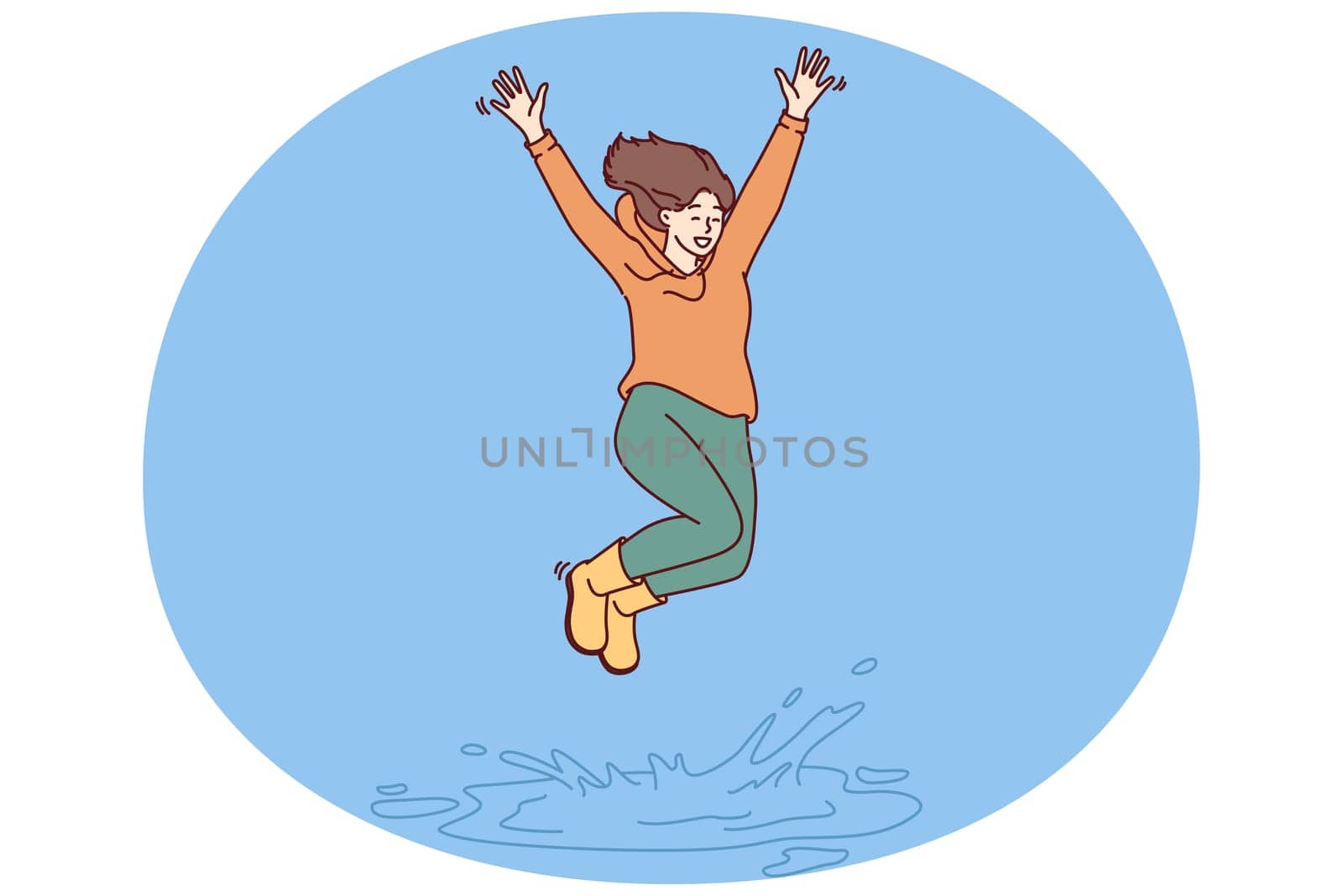 Happy woman jumping in puddle enjoying first autumn rain after hot summer. Girl in good mood in casual clothes jumps standing in puddle, receiving positive emotions from long-awaited walk