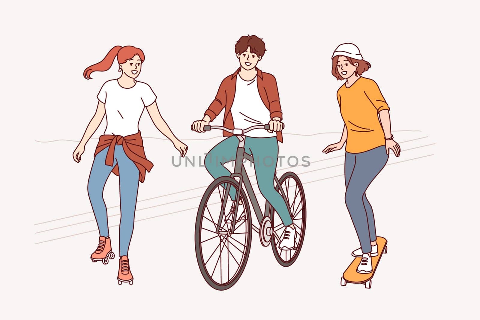 Summer walk of cheerful friends using rollerblades and bicycle or skateboard for recreation. Walk through park of teenage boys and girls enjoying friendship or opportunity to communicate with peers